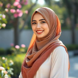 A beautiful woman wearing a hijab, standing gracefully in a serene outdoor setting, bathed in soft sunlight