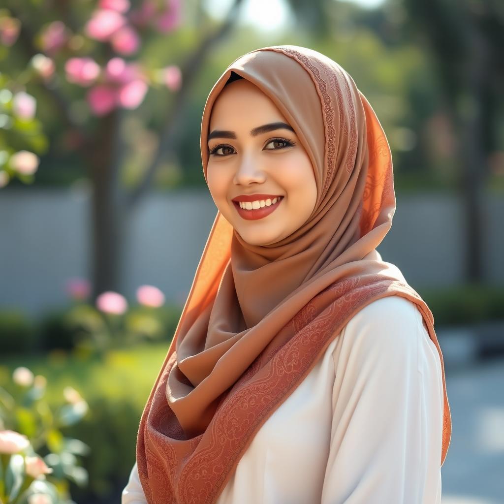 A beautiful woman wearing a hijab, standing gracefully in a serene outdoor setting, bathed in soft sunlight