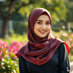 A beautiful woman wearing a hijab, standing gracefully in a serene outdoor setting, bathed in soft sunlight