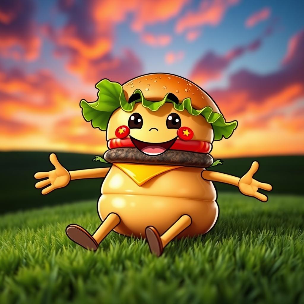 A whimsical cartoonish hamburger character named Diego, featuring exaggerated human-like arms and legs