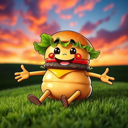 A whimsical cartoonish hamburger character named Diego, featuring exaggerated human-like arms and legs
