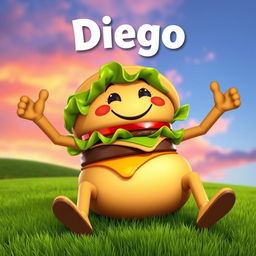 A whimsical cartoonish hamburger character named Diego, featuring exaggerated human-like arms and legs