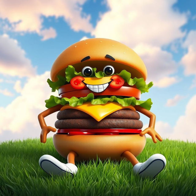 A whimsical cartoonish hamburger character named Diego, featuring exaggerated human-like arms and legs