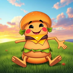 A whimsical cartoonish hamburger character named Diego, featuring exaggerated human-like arms and legs