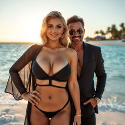 A busty blonde woman wearing a striking black bikini that emphasizes her curves, standing confidently on a beautiful beach
