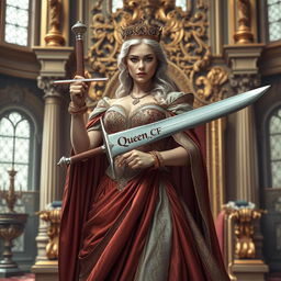 A majestic queen standing assertively, gripping a sword that gleams in her hand