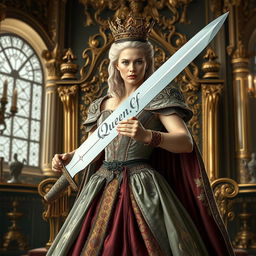 A majestic queen standing assertively, gripping a sword that gleams in her hand