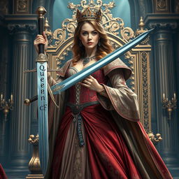 A majestic queen standing assertively, gripping a sword that gleams in her hand