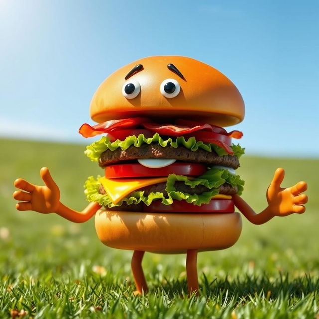 A realistic depiction of a whimsical hamburger character named Diego, featuring detailed human-like arms and legs