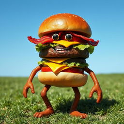 A realistic depiction of a whimsical hamburger character named Diego, featuring detailed human-like arms and legs