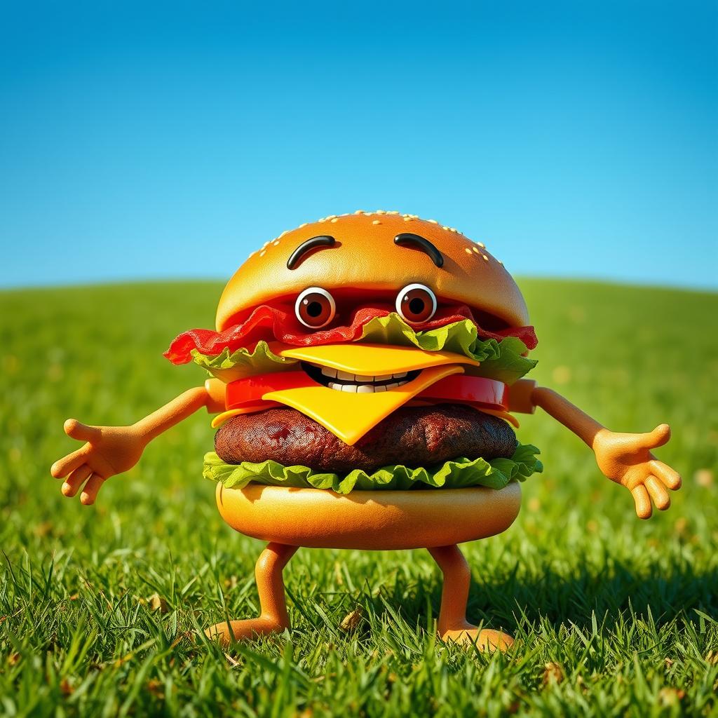 A realistic depiction of a whimsical hamburger character named Diego, featuring detailed human-like arms and legs