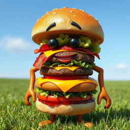 A realistic depiction of a whimsical hamburger character named Diego, featuring detailed human-like arms and legs
