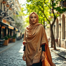 A stylish woman wearing a jilbab, elegantly draped and flowing, in a picturesque urban setting