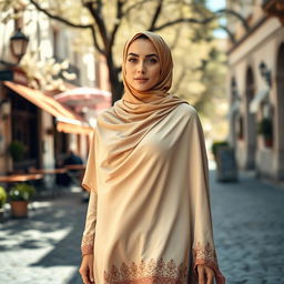 A stylish woman wearing a jilbab, elegantly draped and flowing, in a picturesque urban setting