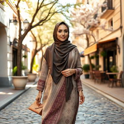 A stylish woman wearing a jilbab, elegantly draped and flowing, in a picturesque urban setting
