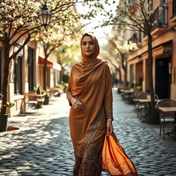 A stylish woman wearing a jilbab, elegantly draped and flowing, in a picturesque urban setting