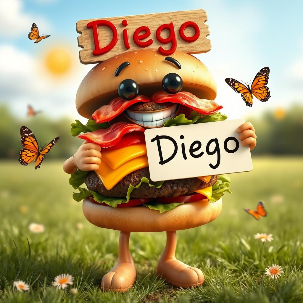 A realistic depiction of a whimsical hamburger character featuring human-like arms and legs, holding a sign that says 'Diego'