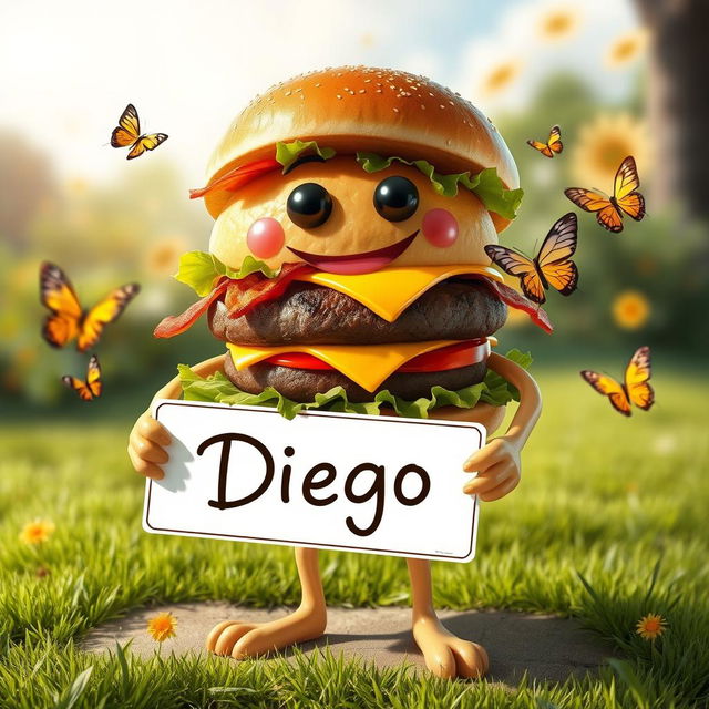 A realistic depiction of a whimsical hamburger character featuring human-like arms and legs, holding a sign that says 'Diego'