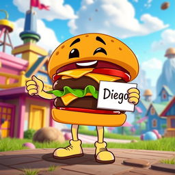 A whimsical hamburger character with arms and legs designed in the Fortnite style, featuring bright colors, bold outlines, and stylized features