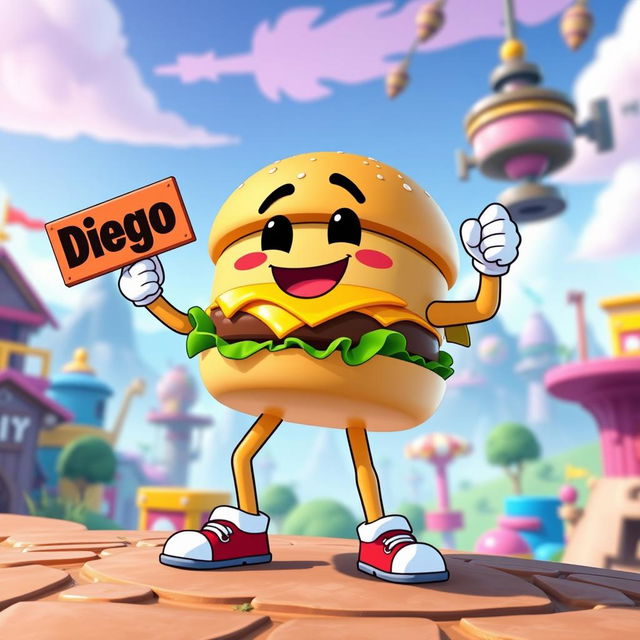A whimsical hamburger character with arms and legs designed in the Fortnite style, featuring bright colors, bold outlines, and stylized features