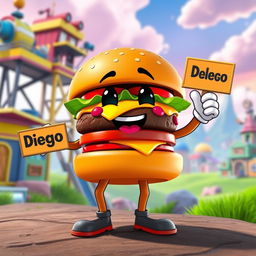 A whimsical hamburger character with arms and legs designed in the Fortnite style, featuring bright colors, bold outlines, and stylized features