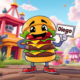 A whimsical hamburger character with arms and legs designed in the Fortnite style, featuring bright colors, bold outlines, and stylized features