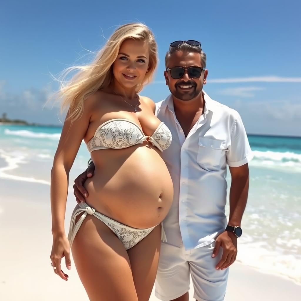A striking busty blonde woman confidently showcasing her pregnant belly while wearing a stylish bikini on a picturesque beach