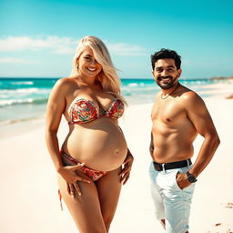 A striking busty blonde woman confidently showcasing her pregnant belly while wearing a stylish bikini on a picturesque beach