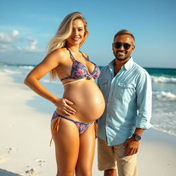 A striking busty blonde woman confidently showcasing her pregnant belly while wearing a stylish bikini on a picturesque beach