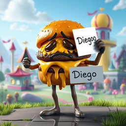 A sad, greasy hamburger character with arms and legs designed in the Fortnite style