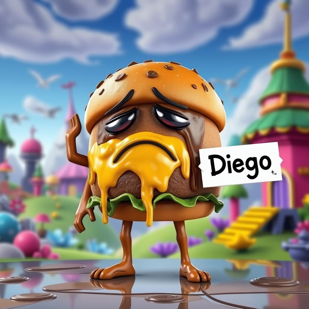 A sad, greasy hamburger character with arms and legs designed in the Fortnite style