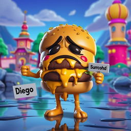 A sad, greasy hamburger character with arms and legs designed in the Fortnite style