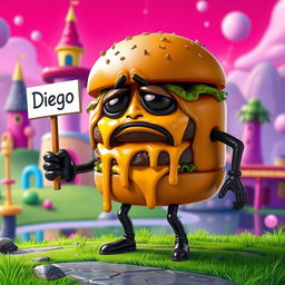 A sad, greasy hamburger character with arms and legs designed in the Fortnite style