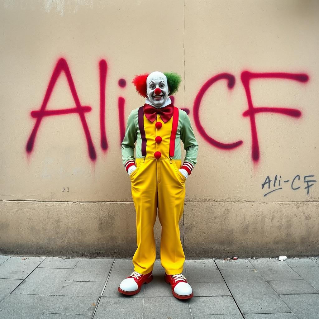 A man dressed as a clown standing in front of a wall with the graffiti 'Ali+CF' prominently painted on it