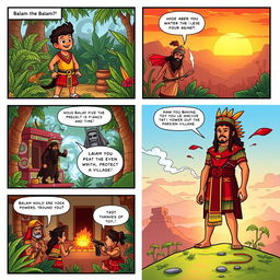 A colorful and engaging 5-panel comic strip telling the story of Balam, a heroic character from Mayan mythology