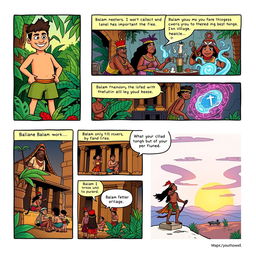 A colorful and engaging 5-panel comic strip telling the story of Balam, a heroic character from Mayan mythology