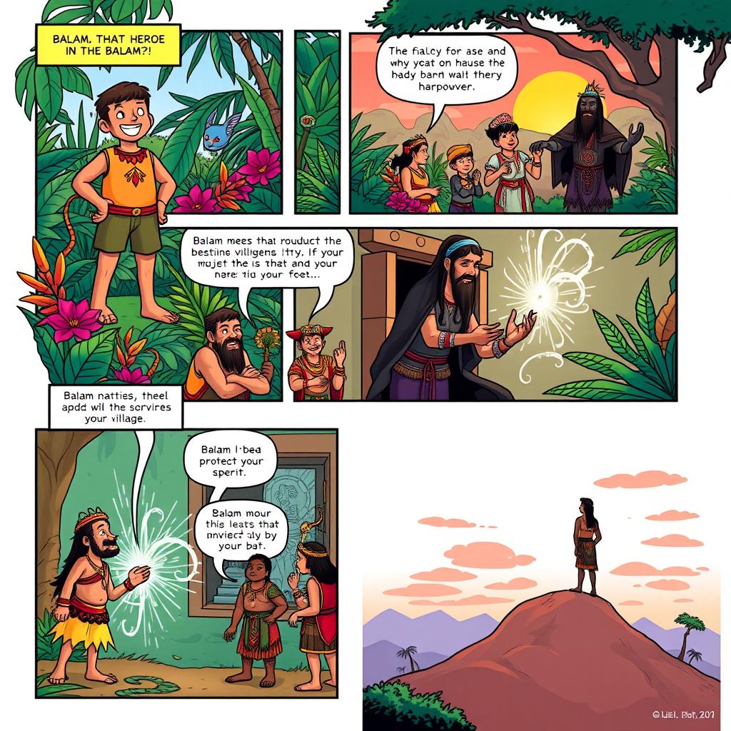 A colorful and engaging 5-panel comic strip telling the story of Balam, a heroic character from Mayan mythology