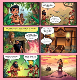 A colorful and engaging 5-panel comic strip telling the story of Balam, a heroic character from Mayan mythology
