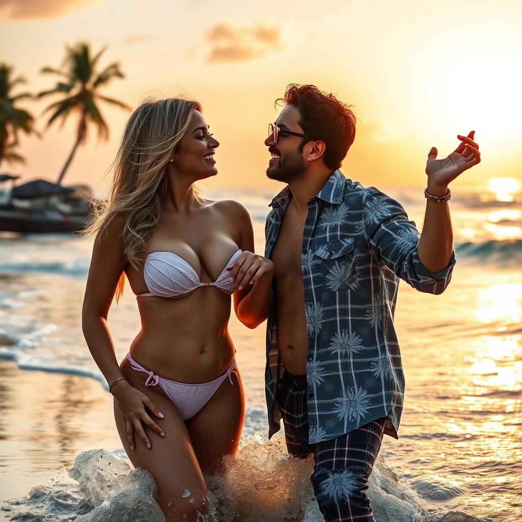 A captivating scene featuring a busty blonde woman in a bikini, playfully engaging with a Bollywood producer on a picturesque beach