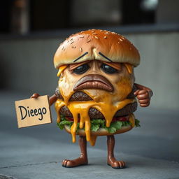 A realistic depiction of a sad, greasy hamburger character with arms and legs, holding a sign that reads 'Diego'