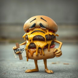 A realistic depiction of a sad, greasy hamburger character with arms and legs, holding a sign that reads 'Diego'