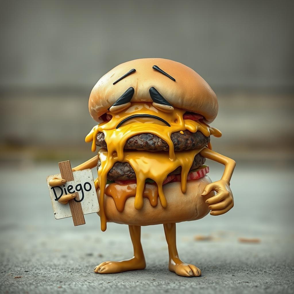 A realistic depiction of a sad, greasy hamburger character with arms and legs, holding a sign that reads 'Diego'