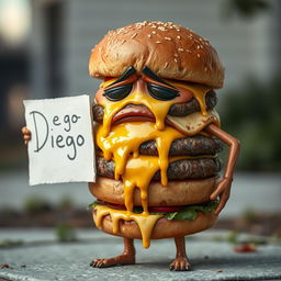 A realistic depiction of a sad, greasy hamburger character with arms and legs, holding a sign that reads 'Diego'