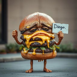 A realistic depiction of a sad, greasy hamburger character with arms and legs, holding a sign that reads 'Diego'