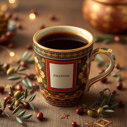 A beautifully designed Palestinian coffee cup, intricately decorated with traditional Palestinian patterns and colors