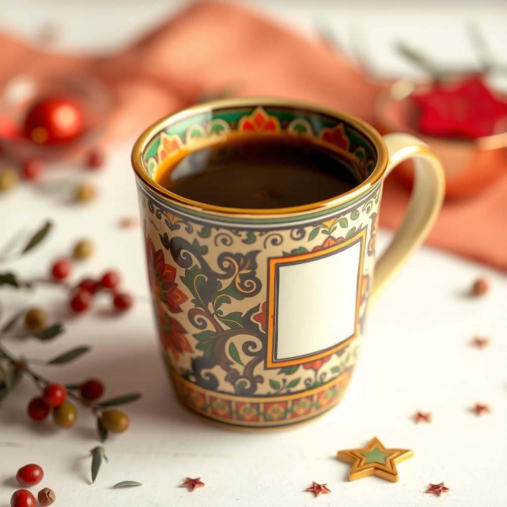 A beautifully designed Palestinian coffee cup, intricately decorated with traditional Palestinian patterns and colors