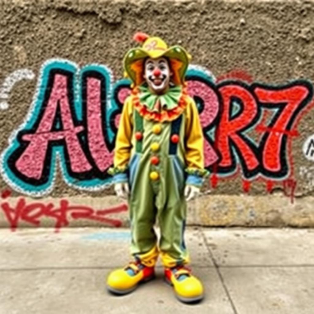 A man dressed as a clown standing in front of a wall where the graffiti 'Ali+R7' is clearly displayed