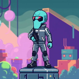 A pixel art soldier from the 'Squid Game' series, standing on a platform