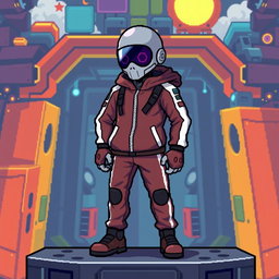 A pixel art soldier from the 'Squid Game' series, standing on a platform