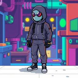 A pixel art soldier from the 'Squid Game' series, standing on a platform